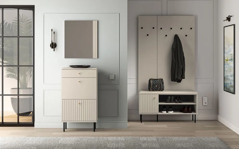 Szafka na buty ELLEN 1S2K kaszmir klapowa I sklep meblowy MIRAT. styl GLAMOUR, RYFLOWANY kolekcja ELLEN