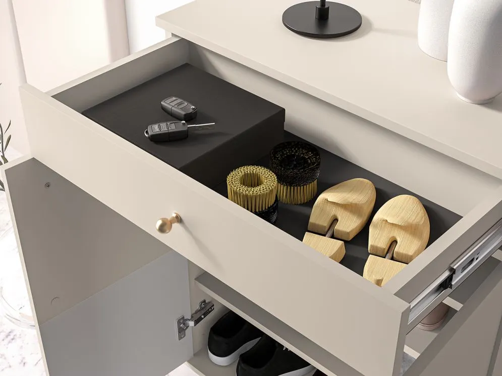 Szafka na buty ELLEN 1S2D kaszmir wysoka I sklep meblowy MIRAT. styl GLAMOUR, RYFLOWANY kolekcja ELLEN