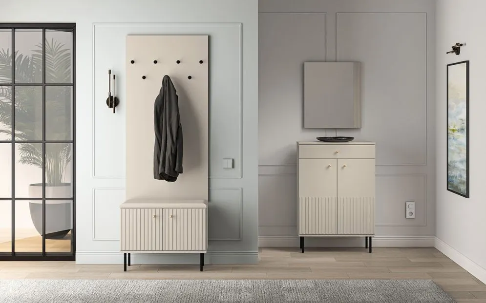 Szafka na buty z siedziskiem ELLEN 2D kaszmir nowoczesna I sklep meblowy MIRAT. styl GLAMOUR, RYFLOWANY kolekcja ELLEN