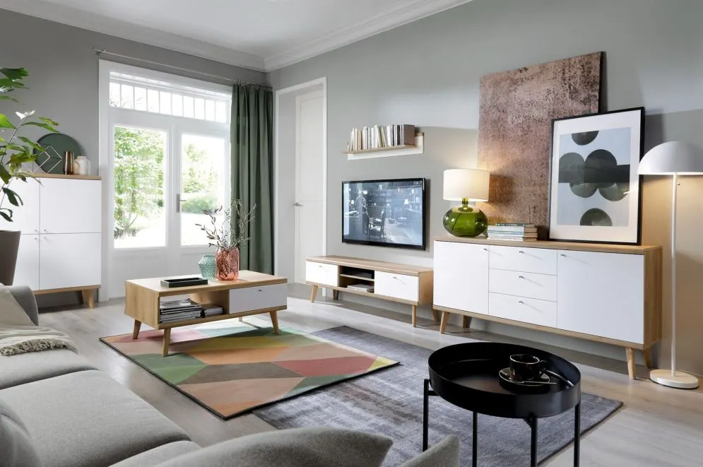 Stolik kawowy VIVIERA 107x67 dąb/biały z szufladą | MIRAT. w stylu SKANDYNAWSKI kolekcja VIVIERA