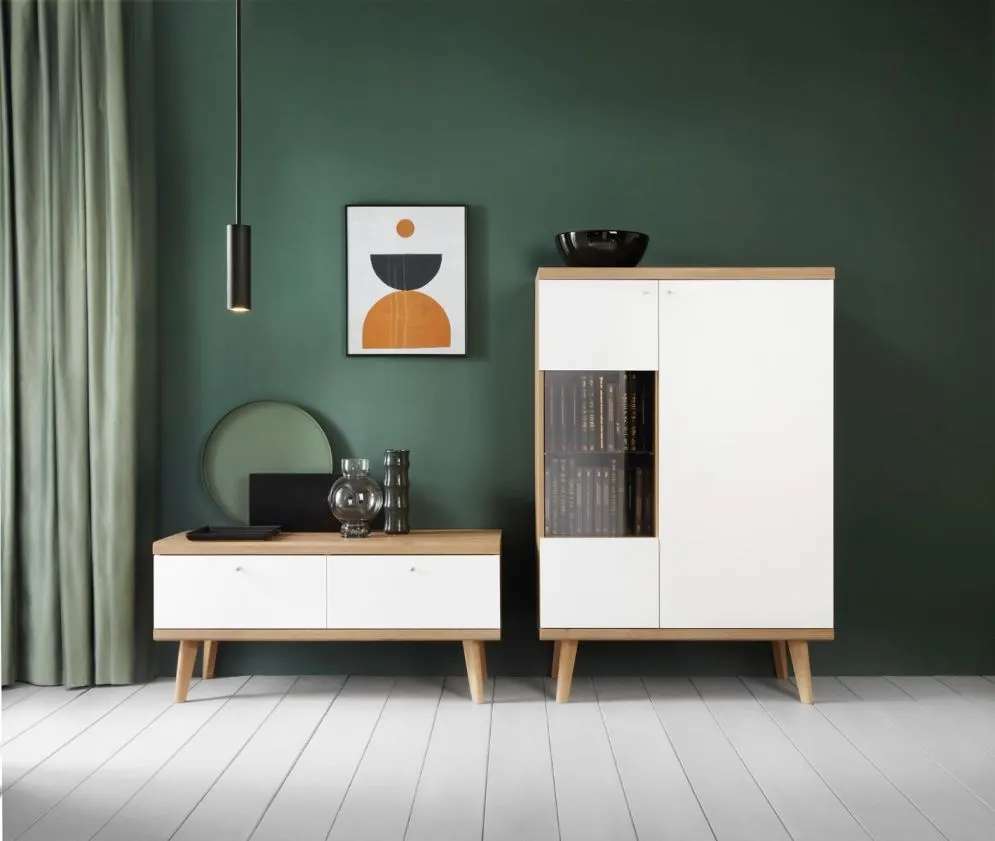 Witryna niska VIVIERA dąb/biała do salonu | MIRAT. w stylu SKANDYNAWSKI kolekcja VIVIERA