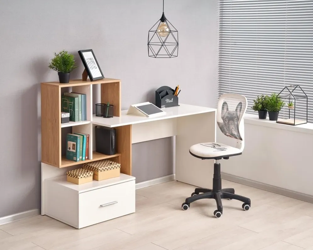 Biurko GROSSO dąb złoty/białe z regałem I sklep meblowy MIRAT.