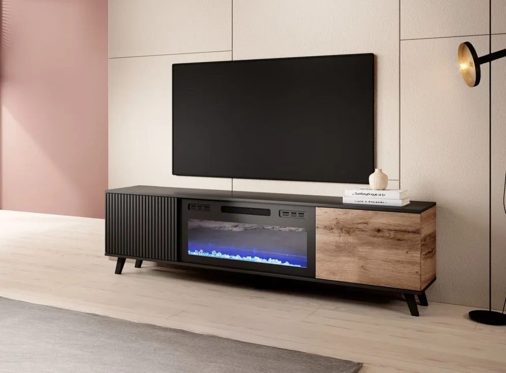 Szafka RTV RANDOM 180 dąb wotan/czarna z kominkiem elektrycznym I sklep meblowy MIRAT. styl RYFLOWANY kolekcja RANDOM