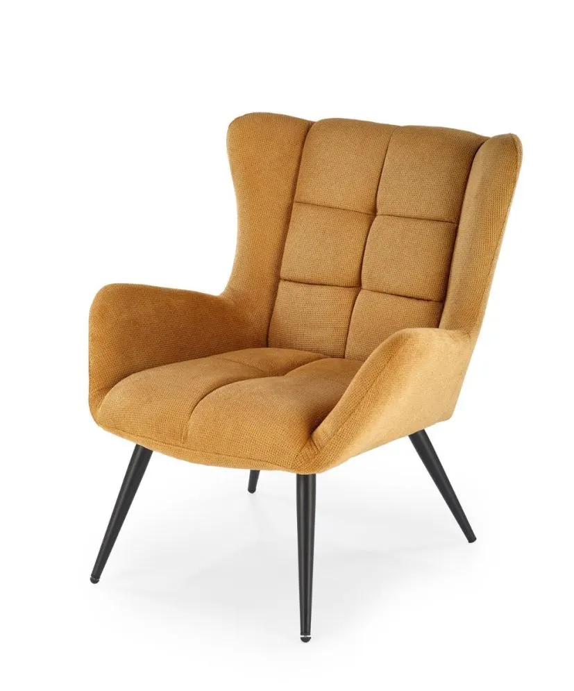 Fotel tapicerowany BYRON musztardowy na metalowych nogach I sklep meblowy MIRAT.