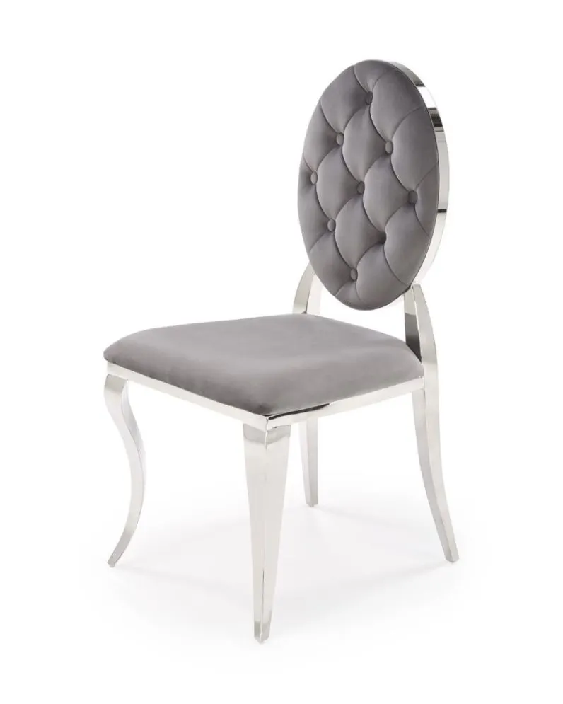 Krzesło tapicerowane K555 VELVET szare/srebrne z pikowanym oparciem I sklep meblowy MIRAT. styl GLAMOUR