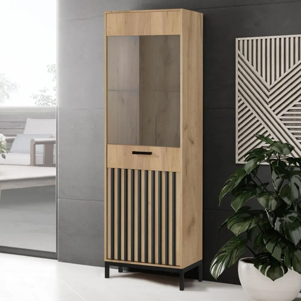 Witryna LAMINO W-1 dąb craft/czarna przeszklona I sklep meblowy MIRAT. styl LOFT kolekcja LAMINO