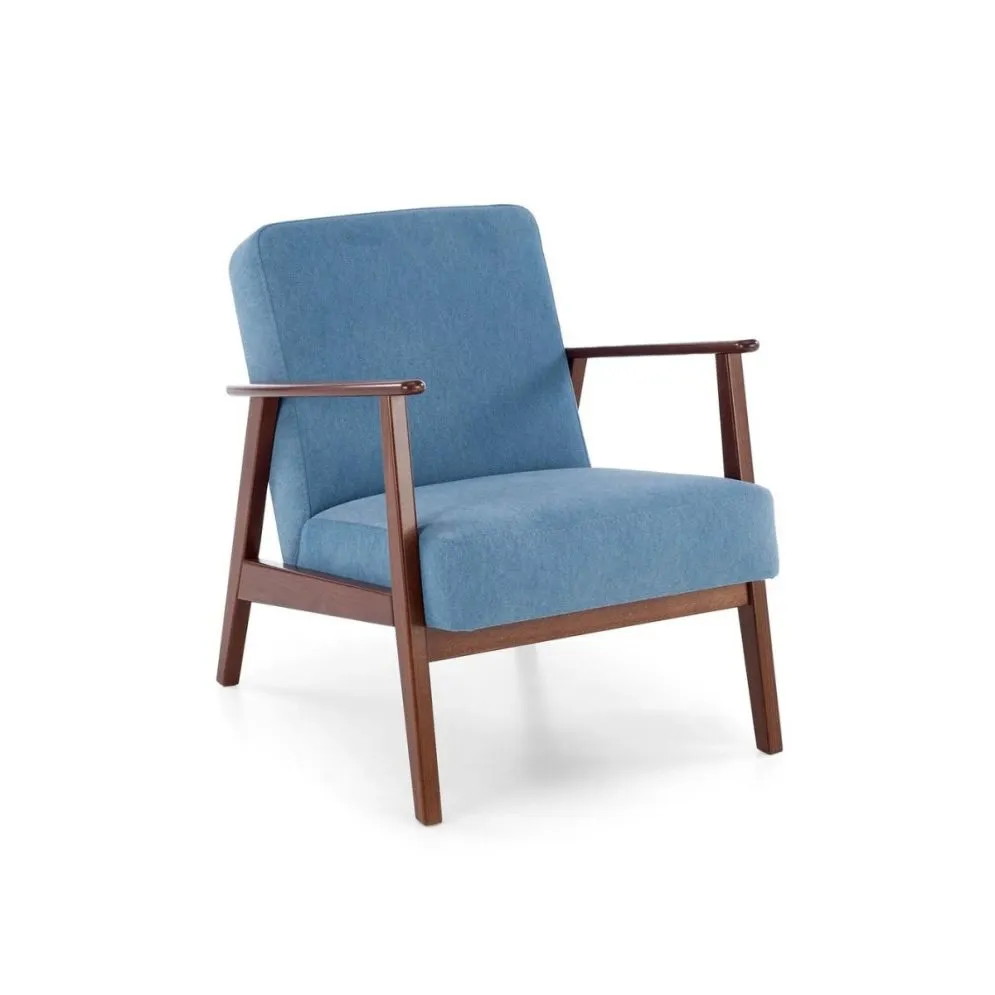 Fotel tapicerowany MILANO 1S niebieski/orzech I sklep meblowy MIRAT. styl SKANDYNAWSKI