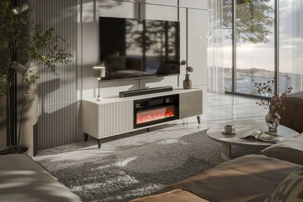 Szafka RTV RANDOM 2 180cm orzech/kaszmirowa z kominkiem elektrycznym I sklep meblowy MIRAT. styl RYFLOWANY kolekcja RANDOM