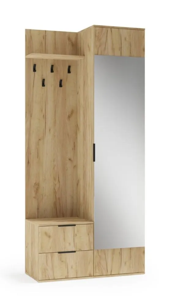 Garderoba do przedpokoju CORAL dąb złoty z lustrem i półkami I sklep meblowy MIRAT. styl SKANDYNAWSKI