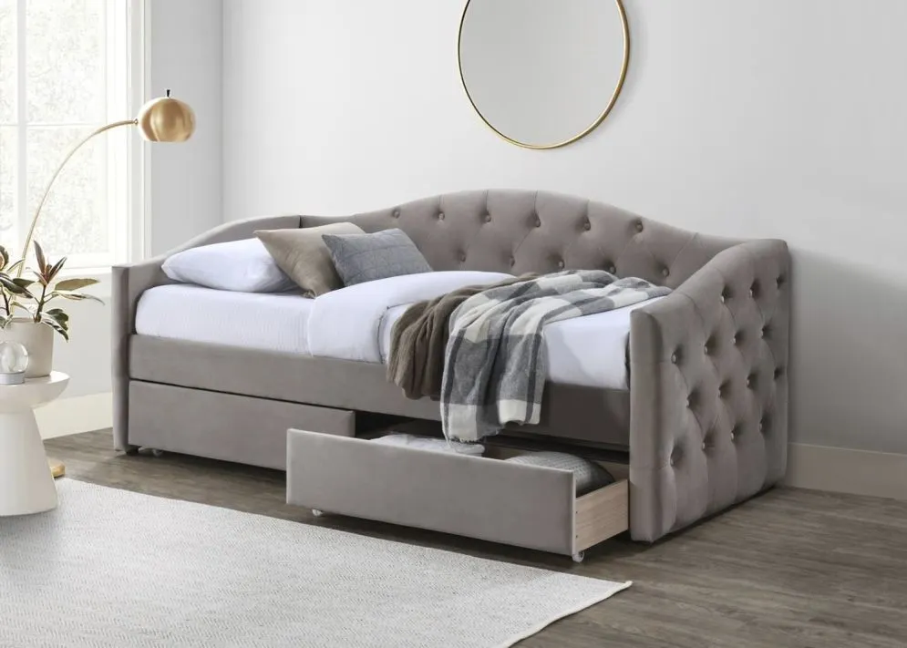 Jednoosobowe łóżko tapicerowane ALOHA 90x200 beżowe z szufladami I sklep meblowy MIRAT.