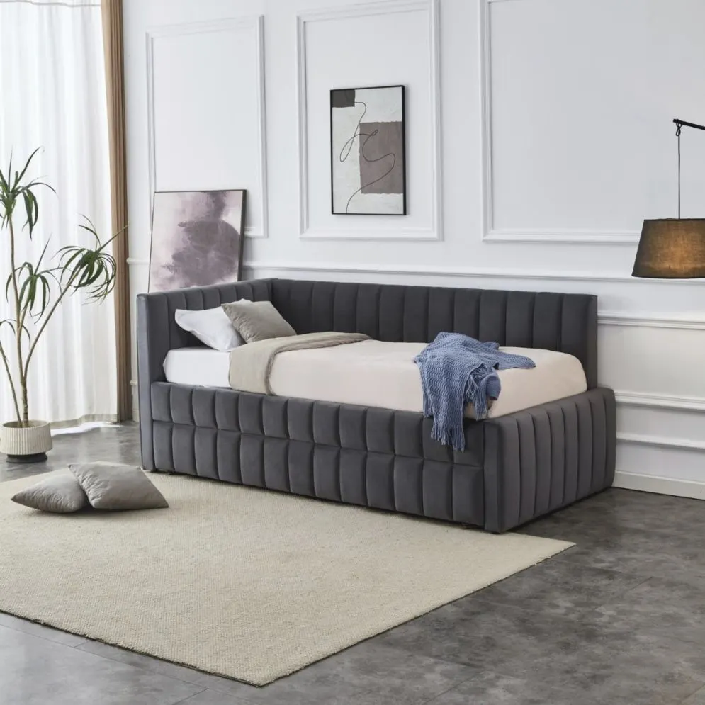 Łóżko młodzieżowe DERBY 90x200 grafitowe wysuwane z tapicerowanym panelem L I sklep meblowy MIRAT.