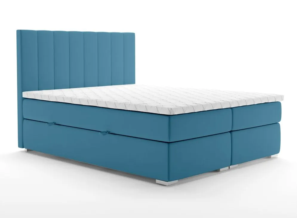 Łóżko kontynentalne SALIMA 160 ciemno niebieskie velvet z pojemnikiem i materacem | MIRAT. styl GLAMOUR