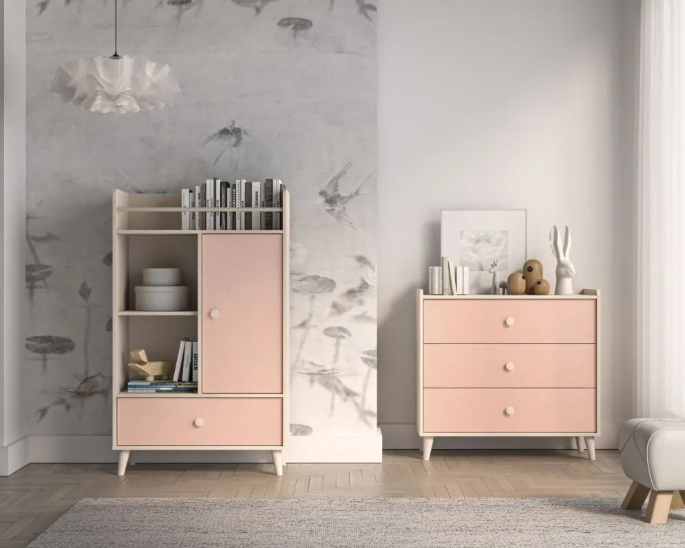 Komoda dziecięca MEVEL 04 różowa I sklep meblowy MIRAT. styl PASTELE kolekcja MEVEL