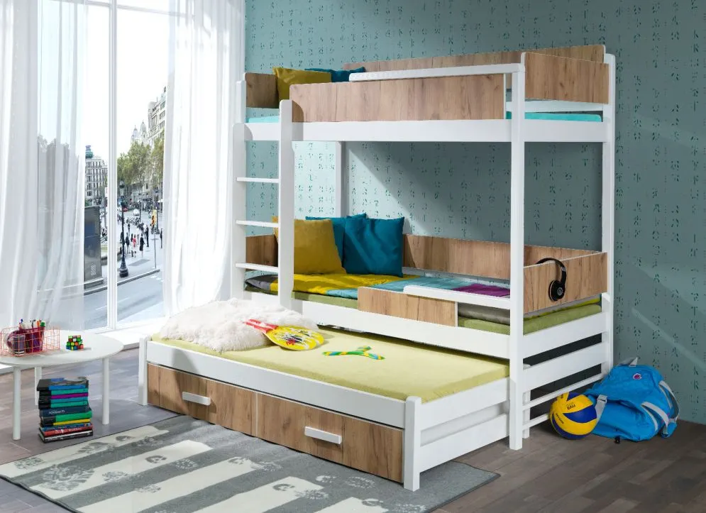 Łóżko piętrowe ZALA 180x80 białe/dąb złoty trzyosobowe I sklep meblowy MIRAT.