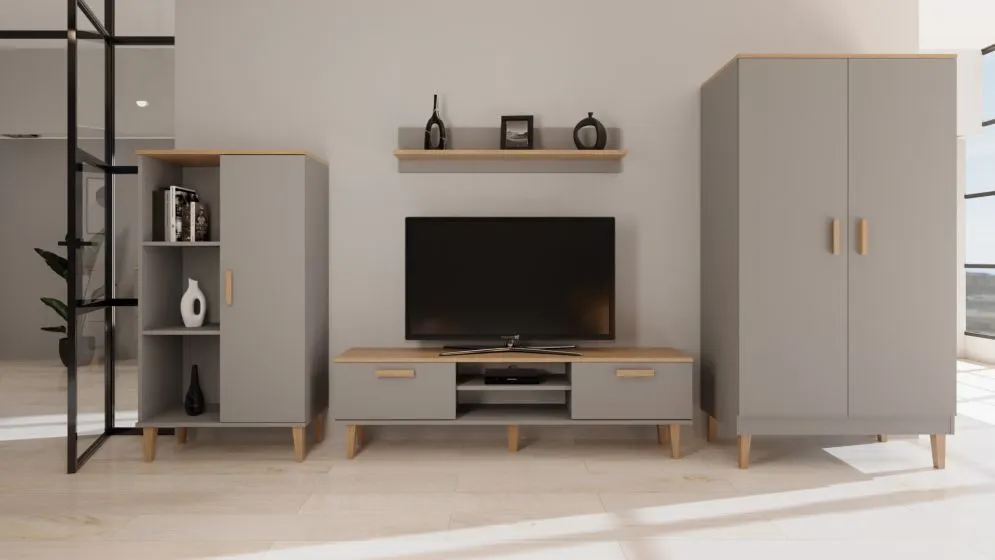 Regał DENVER szary/hikora do salonu I sklep meblowy MIRAT. styl SKANDYNAWSKI kolekcja DENVER