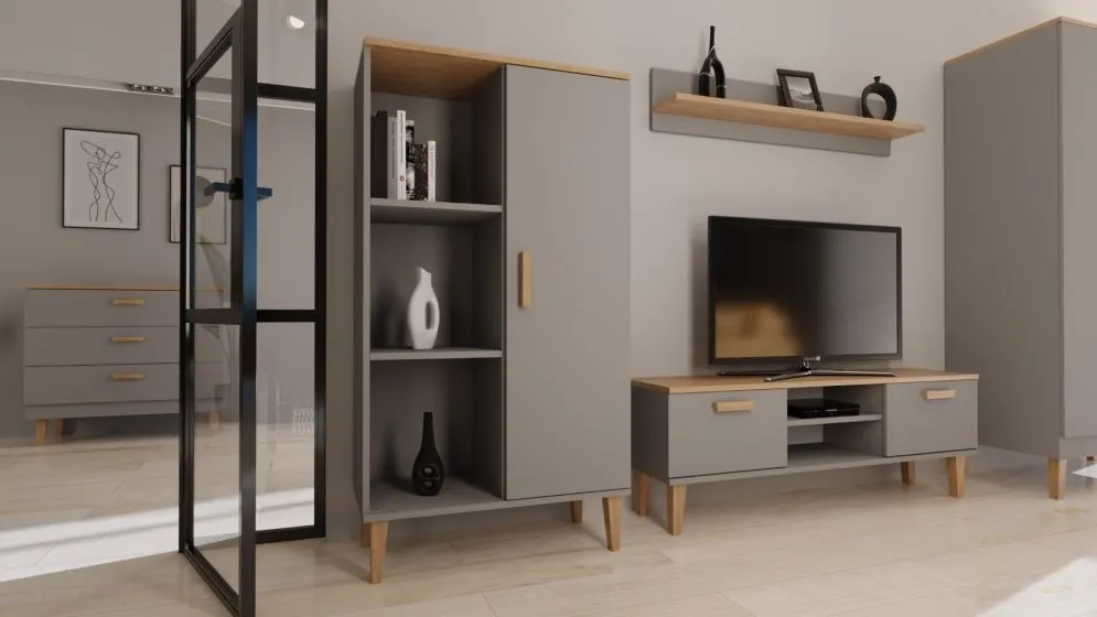 Regał DENVER szary/hikora do salonu I sklep meblowy MIRAT. styl SKANDYNAWSKI kolekcja DENVER