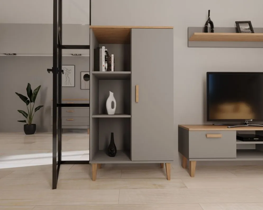 Regał DENVER szary/hikora do salonu I sklep meblowy MIRAT. styl SKANDYNAWSKI kolekcja DENVER