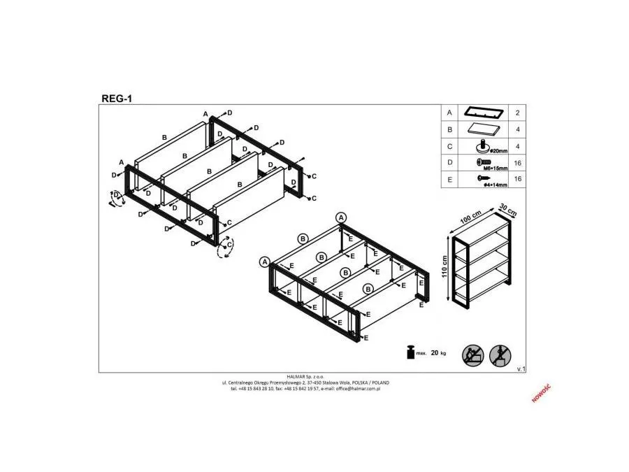 Regał BOLIVAR REG-1 metalowy z 4 półkami | MIRAT. styl LOFT kolekcja BOLIVAR