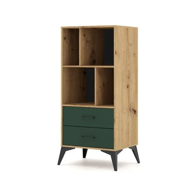 Wysoki regał LUGO 2S 60cm dąb artisan/zielony mat | sklep MIRAT styl RYFLOWANY, SKANDYNAWSKI kolekcja WM-LUGO