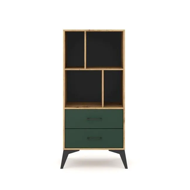 Wysoki regał LUGO 2S 60cm dąb artisan/zielony mat | sklep MIRAT styl RYFLOWANY, SKANDYNAWSKI kolekcja WM-LUGO
