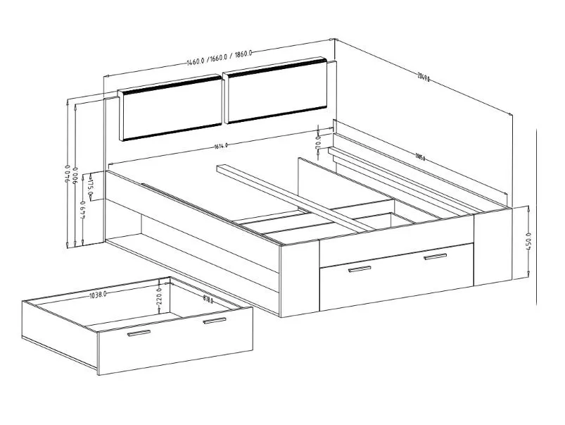 Wygodne łóżko GALAXY 160x200 dąb monastery/czarne z szufladą i tapicerowanym zagłowiem I sklep meblowy MIRAT. styl LOFT
