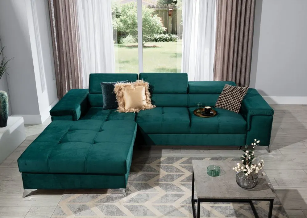 Narożnik z funkcją spania RICARDO VELVET zielony lewy w stylu glamour | MIRAT. w stylu GLAMOUR kolekcja