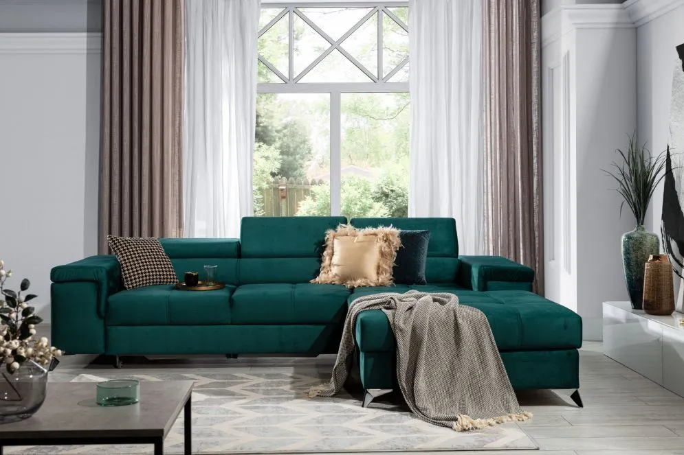 Narożnik z funkcją spania RICARDO VELVET zielony prawy z pojemnikiem na pościel | MIRAT. w stylu GLAMOUR kolekcja