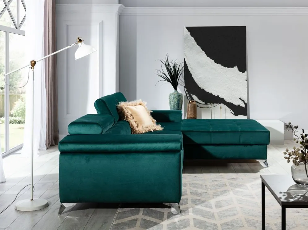 Narożnik z funkcją spania RICARDO VELVET zielony prawy z pojemnikiem na pościel | MIRAT. w stylu GLAMOUR kolekcja