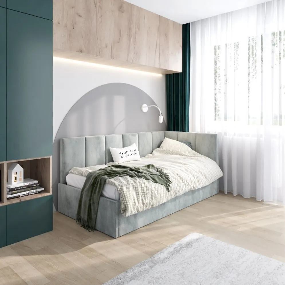 Łóżko młodzieżowe AURA 100x200 jasne szare z tapicerowanym panelem L i pojemnikiem na pościel I sklep meblowy MIRAT.