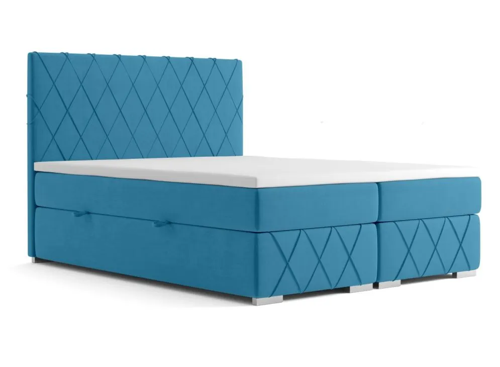 Łóżko kontynentalne AVELA 160 ciemno niebieskie velvet z pojemnikiem i materacem | MIRAT. styl GLAMOUR