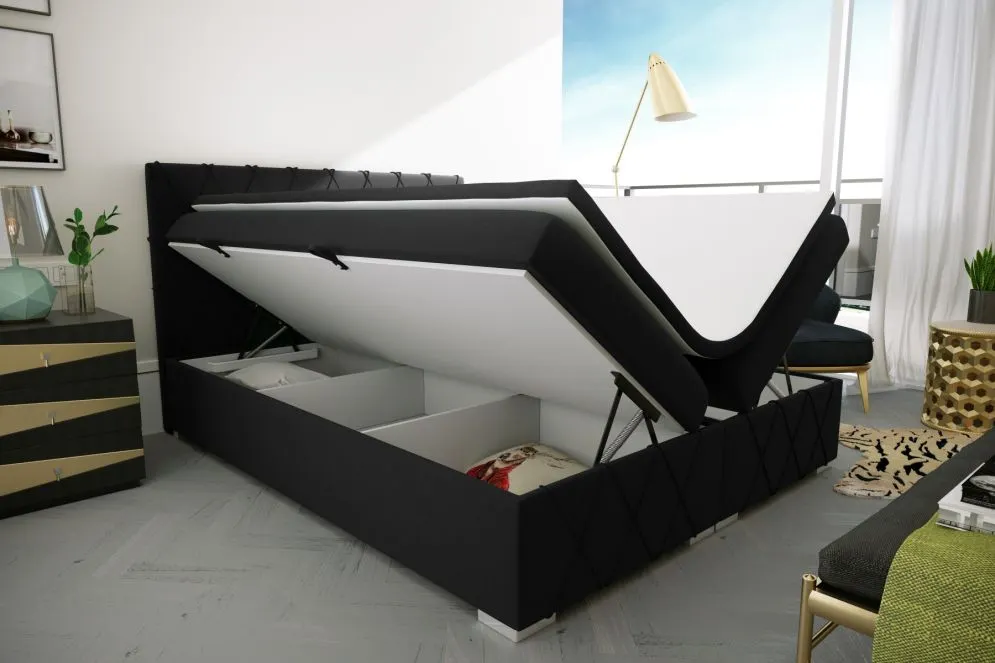 Łóżko kontynentalne AVELA 140 czarne velvet z pojemnikiem do sypialni | MIRAT. styl GLAMOUR