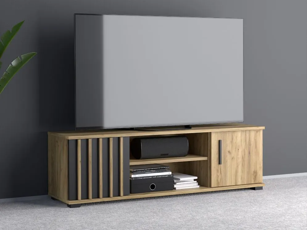 Szafka RTV KALI 140 czarna/dąb craft do salonu I sklep meblowy MIRAT. styl LOFT, RYFLOWANY