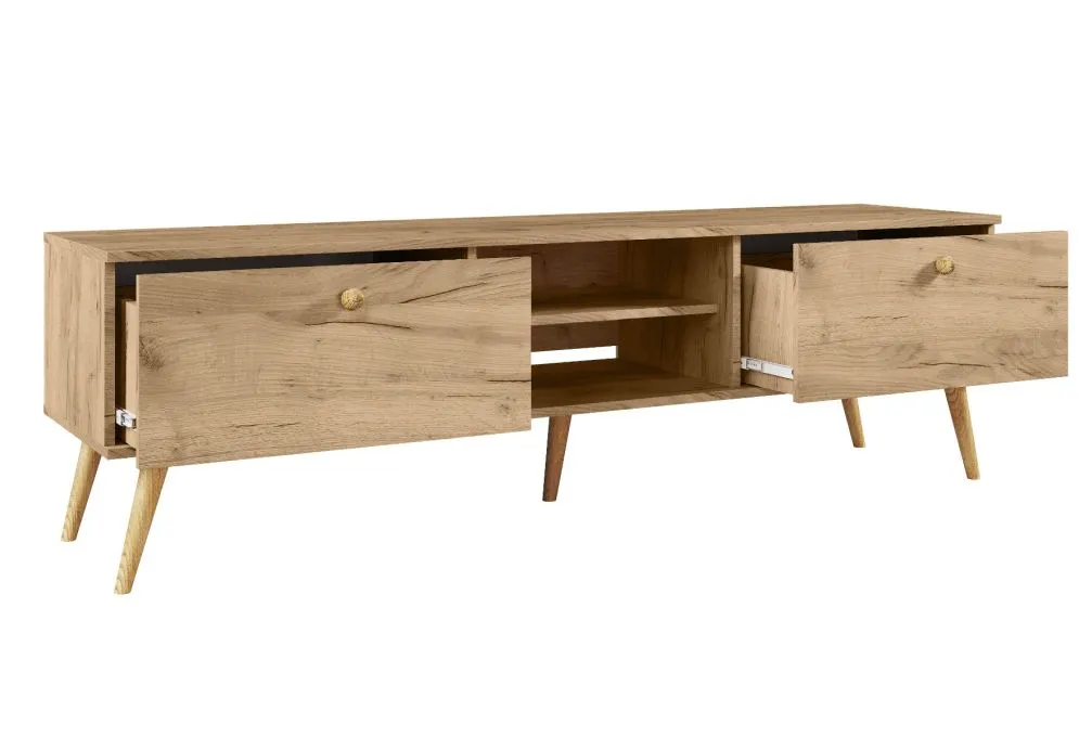 Szafka RTV LEBEL 170 dąb craft złoty na bukowych nogach I sklep meblowy MIRAT. styl SKANDYNAWSKI kolekcja LEBEL