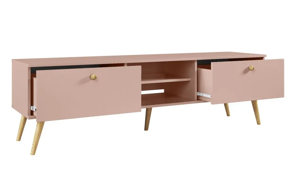 Szafka RTV LEBEL 170 różowa mat na drewnianych nogach I sklep meblowy MIRAT. styl SKANDYNAWSKI kolekcja LEBEL