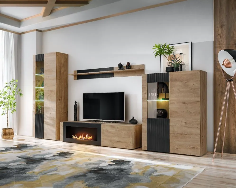 Stojąca szafka RTV ARON 160 dąb ribbeck/czarny mat z biokominkiem I sklep meblowy MIRAT.  kolekcja ARON