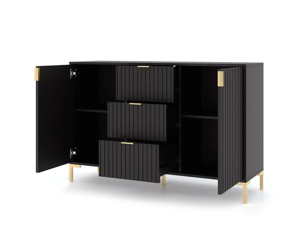 Komoda FLINN 2D3S 130 czarna mat z szufladami I sklep meblowy MIRAT. styl GLAMOUR, LOFT, RYFLOWANY kolekcja WM-FLINN