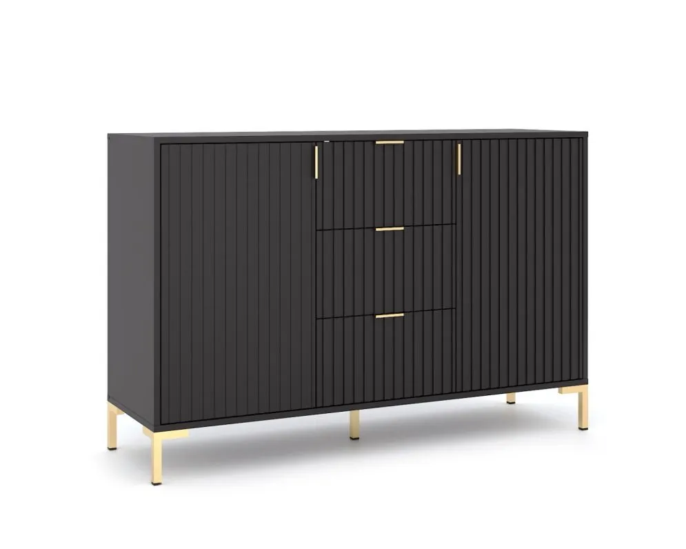 Komoda FLINN 2D3S 130 czarna mat z szufladami I sklep meblowy MIRAT. styl GLAMOUR, LOFT, RYFLOWANY kolekcja WM-FLINN