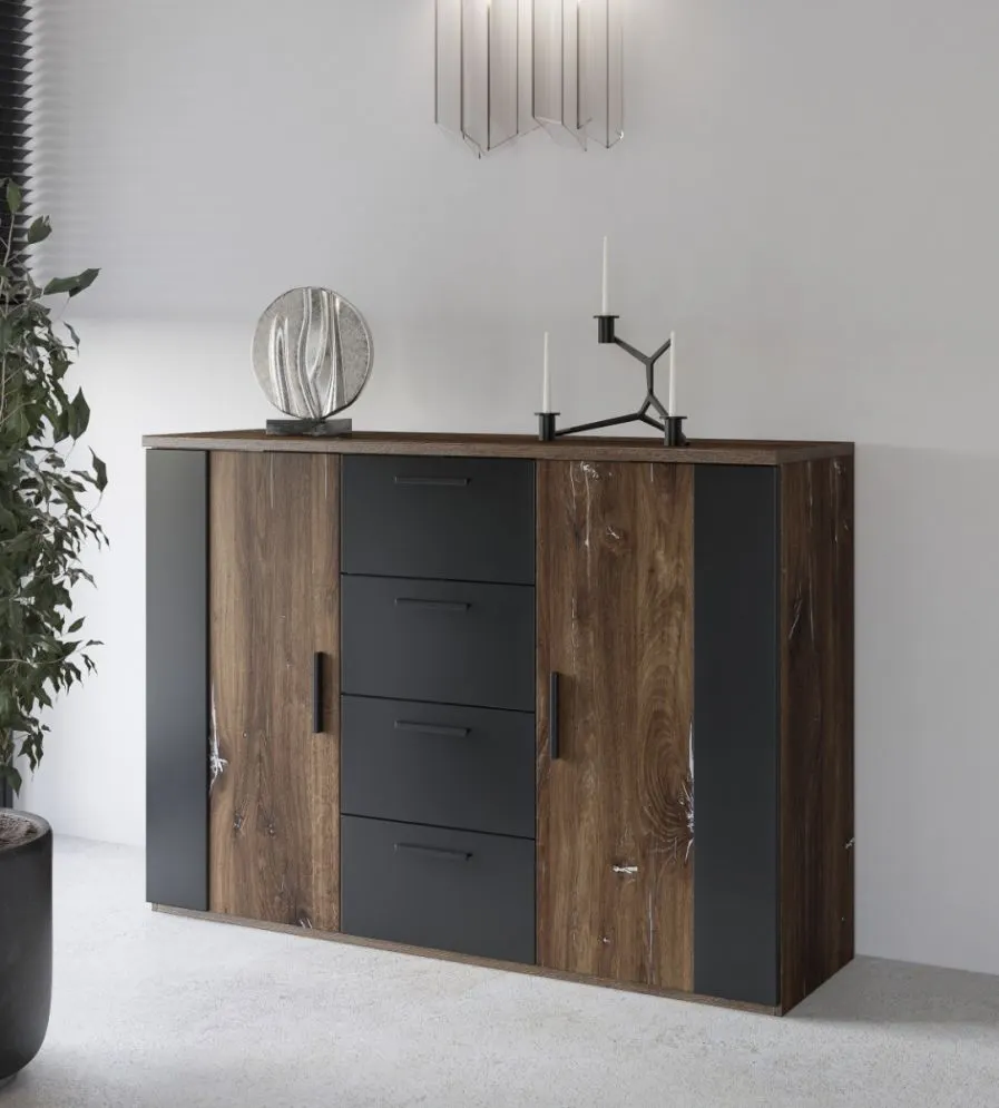 Komoda SIGMA 2D4S 132cm dąb flagstaff srebrny/czarny mat z szufladami I sklep meblowy MIRAT. styl LOFT