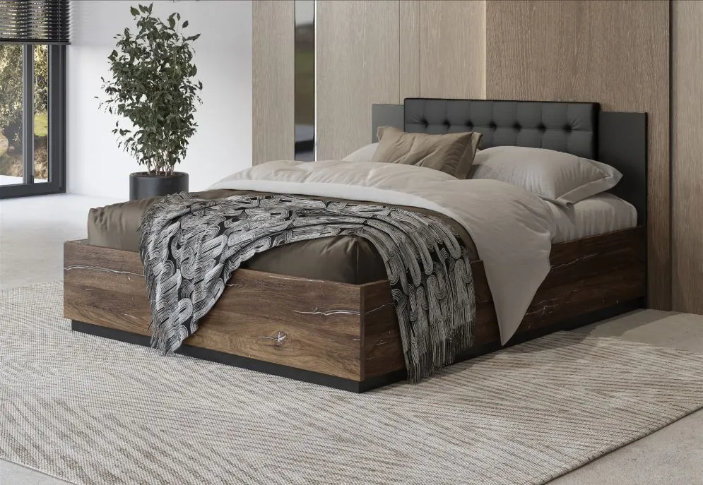 Łóżko SIGMA 140x200 dąb flagstaff srebrny/czarny mat z pojemnikiem I sklep meblowy MIRAT. styl LOFT, SKANDYNAWSKI