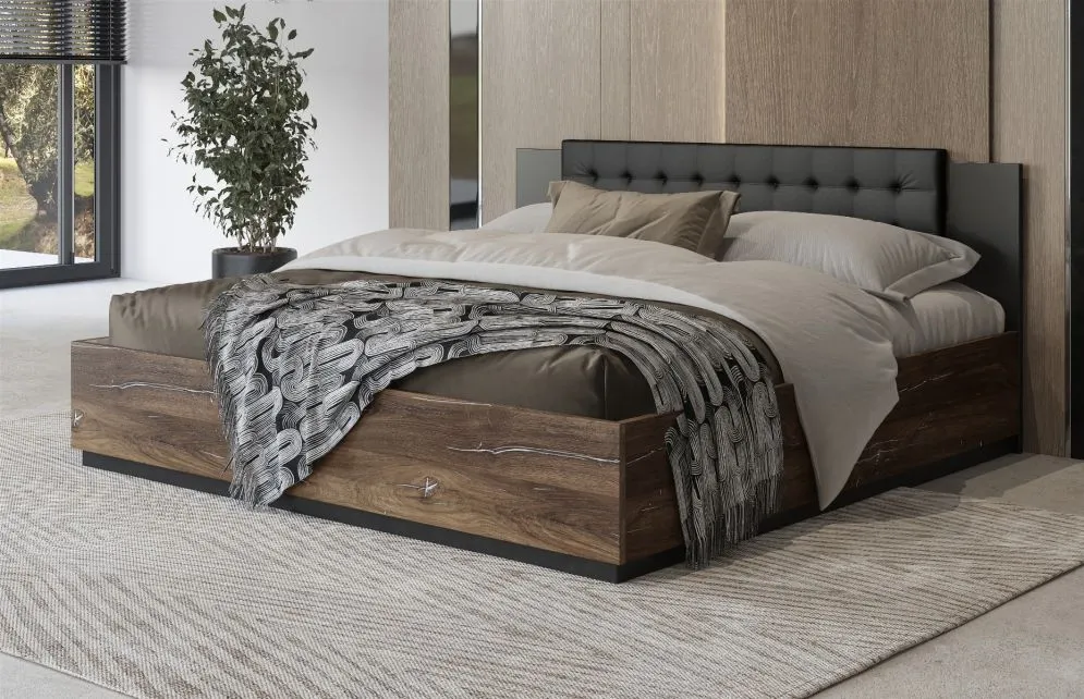 Łóżko SIGMA 180x200 dąb flagstaff srebrny/czarny mat z pojemnikiem I sklep meblowy MIRAT. styl LOFT, SKANDYNAWSKI