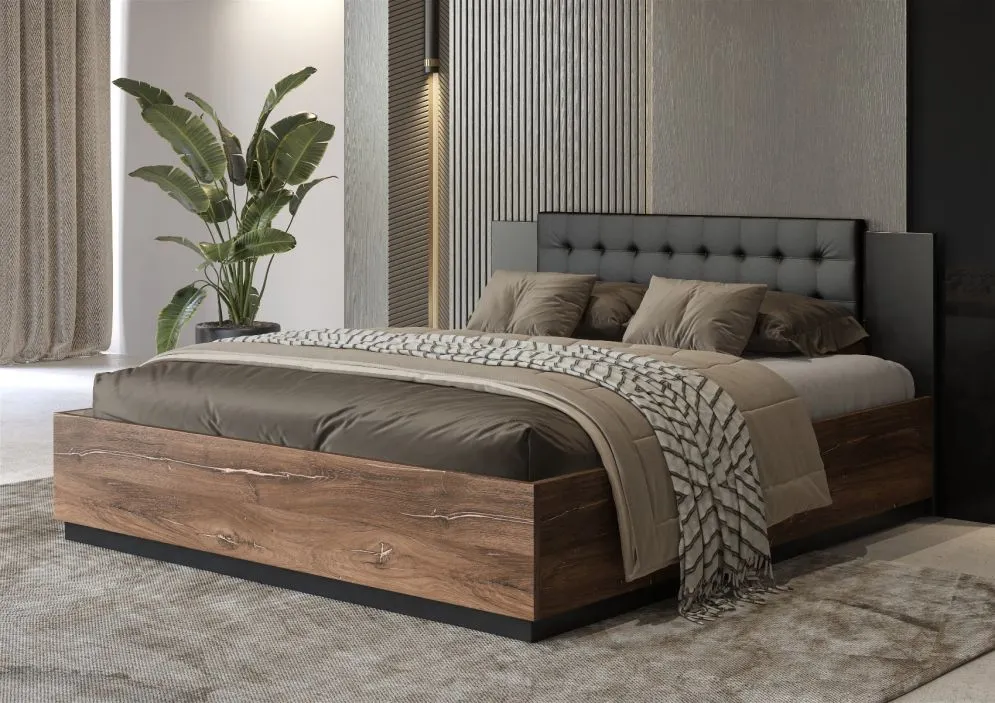 Łóżko SIGMA 160x200 dąb flagstaff miedziany/czarny mat z tapicerowanym zagłówkiem I sklep meblowy MIRAT. styl LOFT, SKANDYNAWSKI