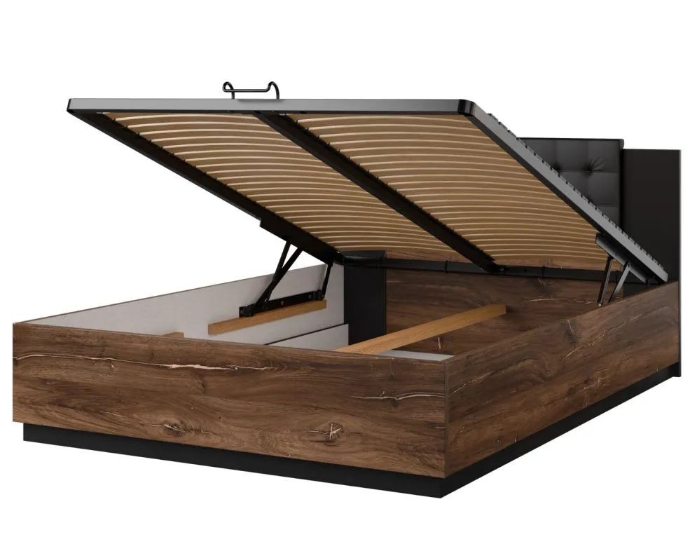 Łóżko SIGMA 140x200 dąb flagstaff miedziany/czarny mat z pojemnikiem I sklep meblowy MIRAT. styl LOFT, SKANDYNAWSKI