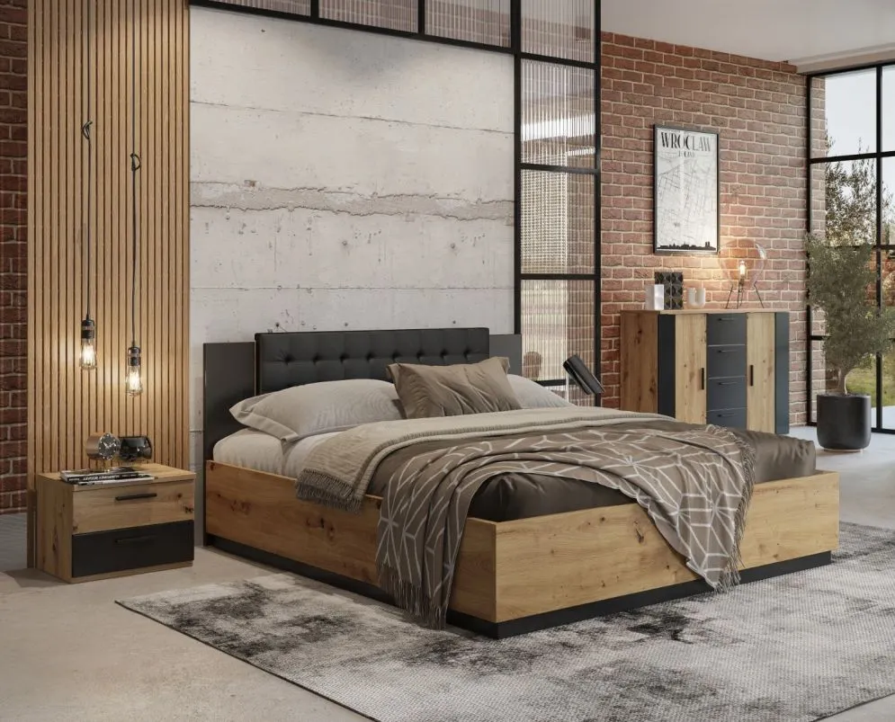 Łóżko SIGMA 180x200 dąb artisan/czarny mat z zagłówkiem I sklep meblowy MIRAT. styl LOFT, SKANDYNAWSKI