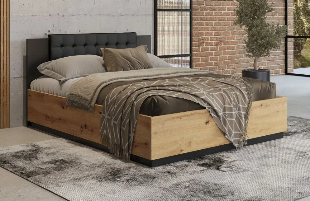 Łóżko SIGMA 140x200 dąb artisan/czarny mat z pojemnikiem I sklep meblowy MIRAT. styl LOFT, SKANDYNAWSKI