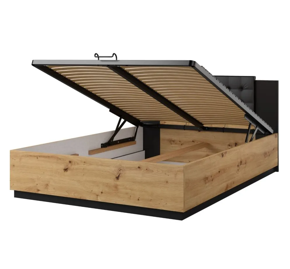 Łóżko SIGMA 140x200 dąb artisan/czarny mat z pojemnikiem I sklep meblowy MIRAT. styl LOFT, SKANDYNAWSKI