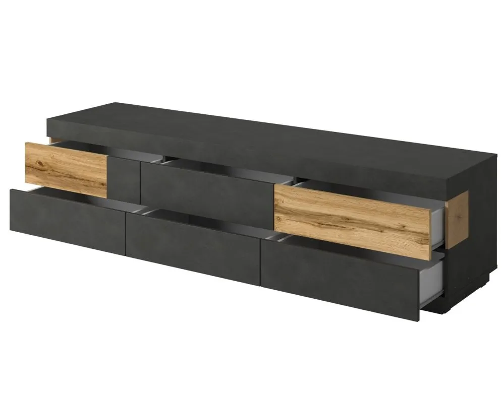 Szafka RTV SILKE 6S 206cm matera/dąb wotan szeroka I sklep meblowy MIRAT. styl SKANDYNAWSKI