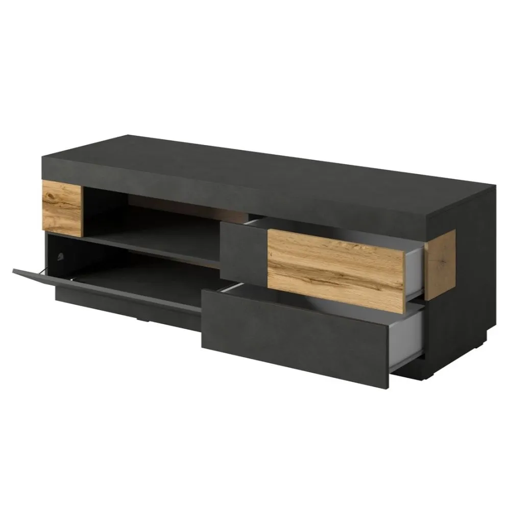 Szafka RTV SILKE 2S1KL 160cm matera/dąb wotan z otwartą półką I sklep meblowy MIRAT. styl SKANDYNAWSKI kolekcja SILKE