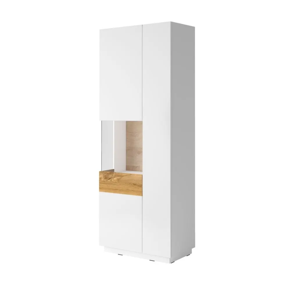 Dwudrzwiowa witryna wysoka SILKE 2D 80cm biały połysk/dąb wotan lewa I sklep meblowy MIRAT. styl SKANDYNAWSKI kolekcja SILKE