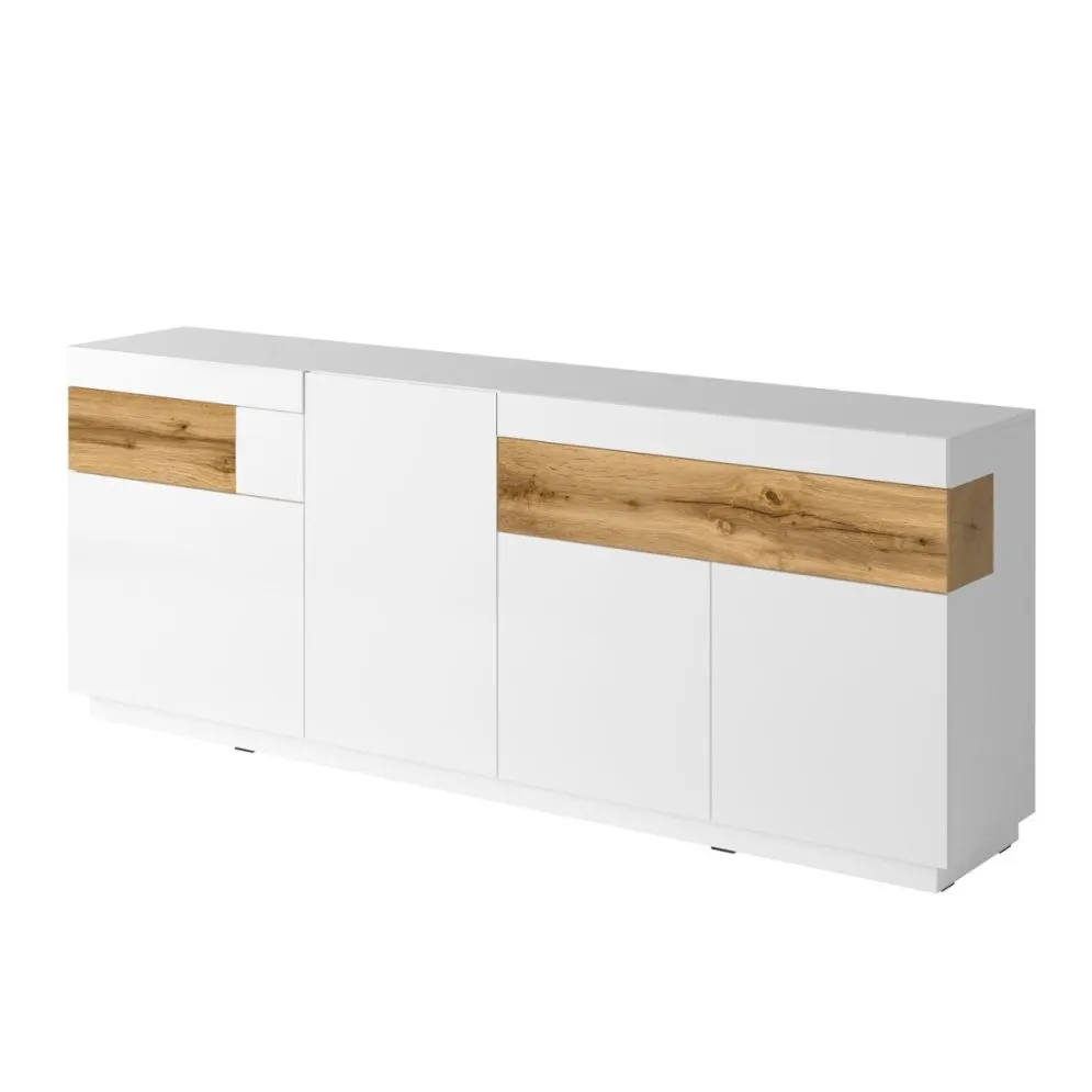 Komoda SILKE 4D2S 219cm biały połysk/dąb wotan szeroka I sklep meblowy MIRAT. styl SKANDYNAWSKI kolekcja SILKE