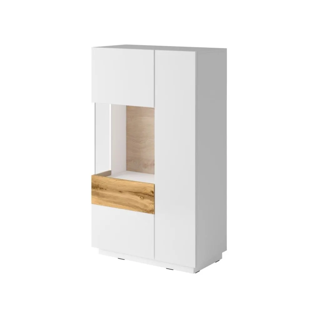 Witryna niska do salonu SILKE 2D 80cm biały połysk/dąb wotan lewa I sklep meblowy MIRAT. styl SKANDYNAWSKI kolekcja SILKE